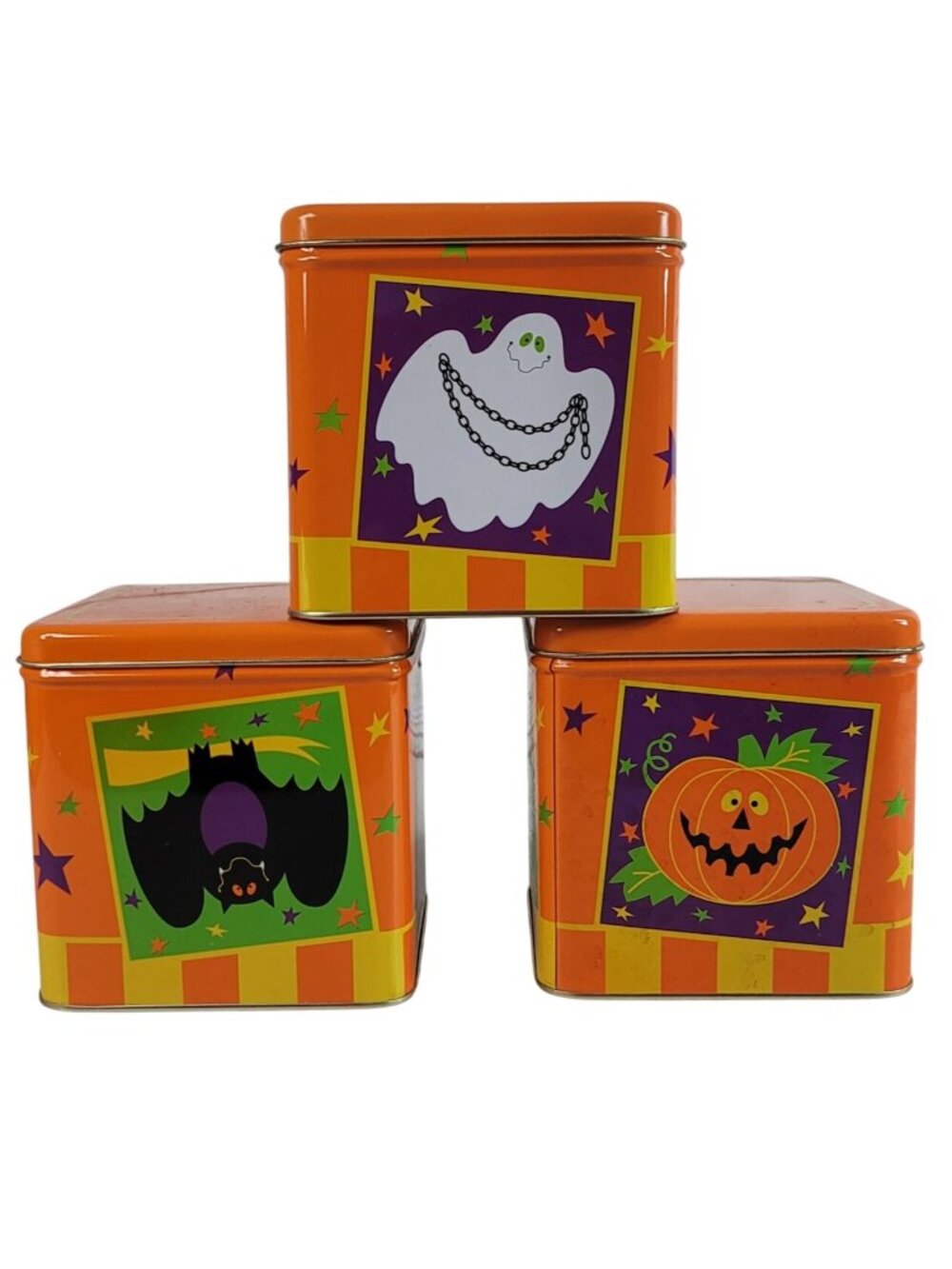 Halloween Tin & Lid 4.5" Set Of 3 Ghost Bat Jack O'Lantern Cat Fun Whimsy Amscan